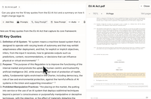 GC AI Exact Quote showing character-level citation linked to the source document