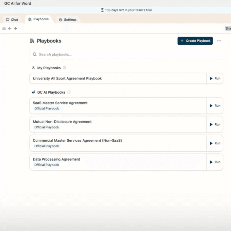 GC AI Playbooks workspace listing official and custom contract playbooks