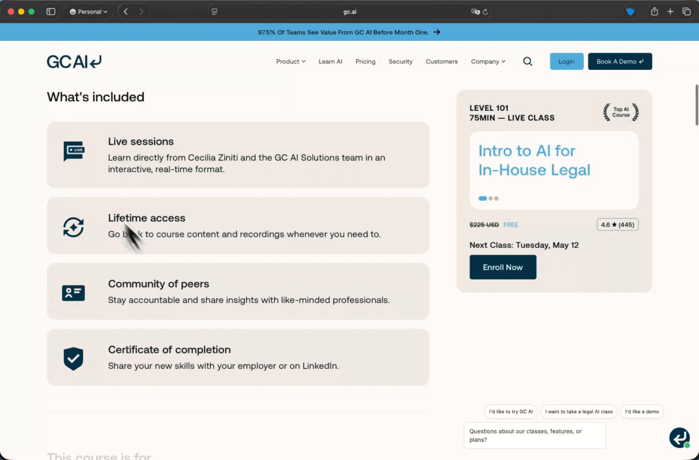 The GC AI Classes page listing what a free Level 101 class includes