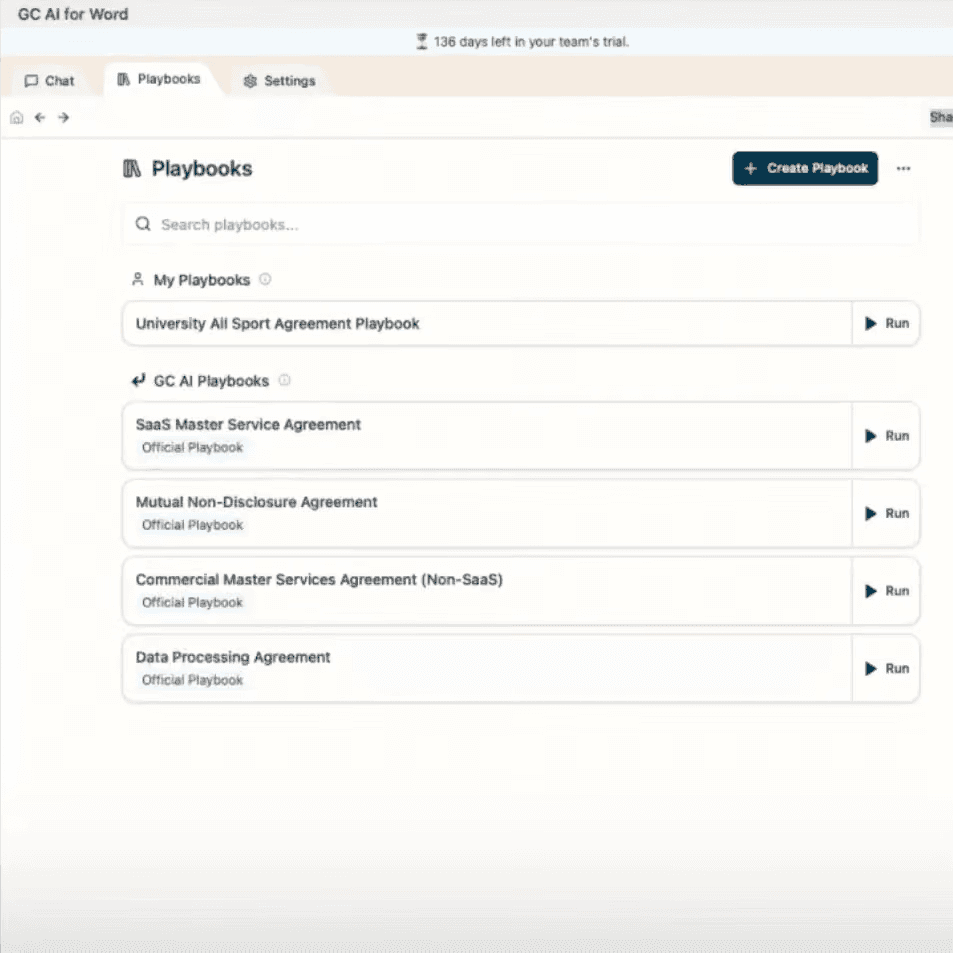 The Playbooks tab in GC AI for Word, listing official and custom contract playbooks
