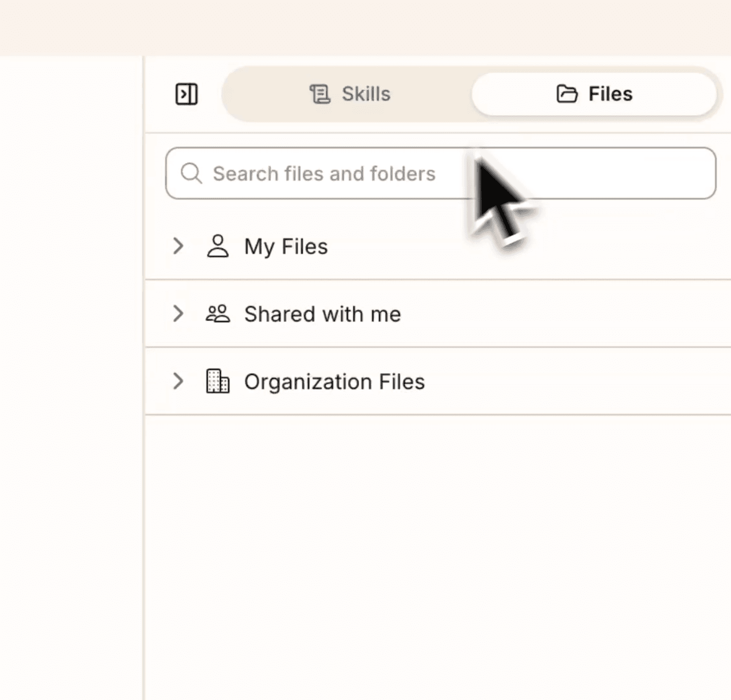 The GC AI Files panel, with My Files, Shared with me, and Organization Files