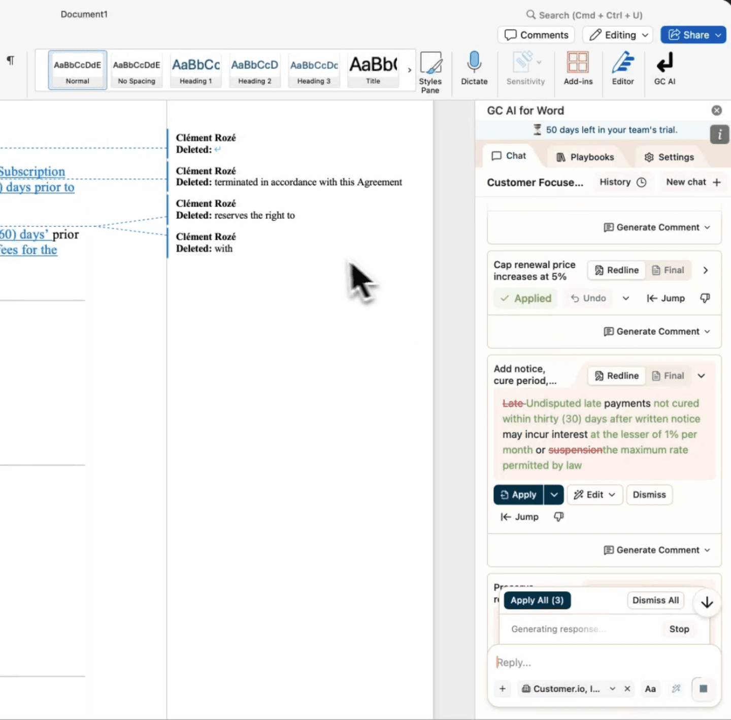 The GC AI Word Add-in redlining a contract beside the document in Microsoft Word
