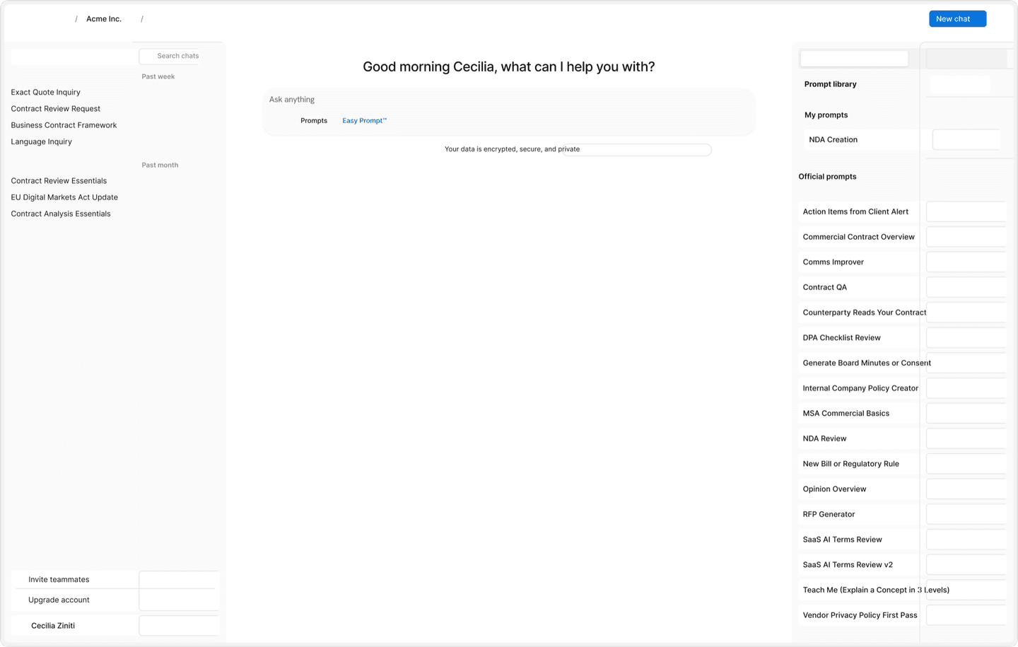 The GC AI workspace, where every prompt and document stays inside your tenant