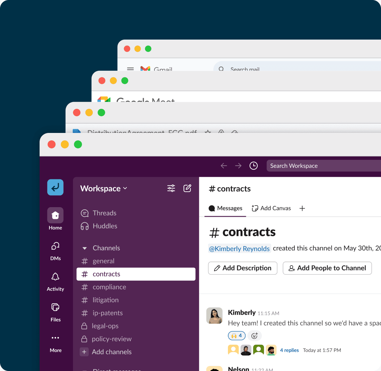 Slack, Gmail, Google Meet and Google Drive windows stacked on a navy panel