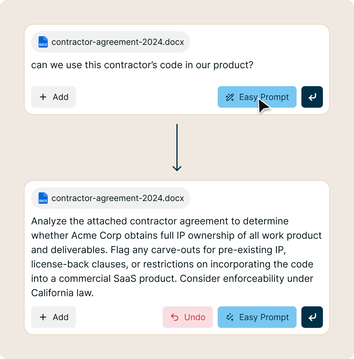 A short contractor agreement question expanded by Easy Prompt into a detailed legal prompt