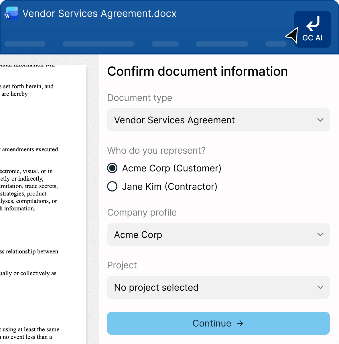 GC AI panel in Word confirming document details for a Vendor Services Agreement