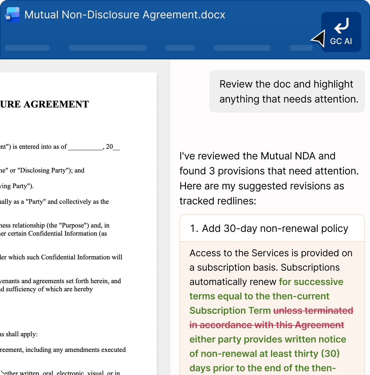 GC AI sidebar in Microsoft Word reviewing a Mutual NDA and suggesting tracked redlines